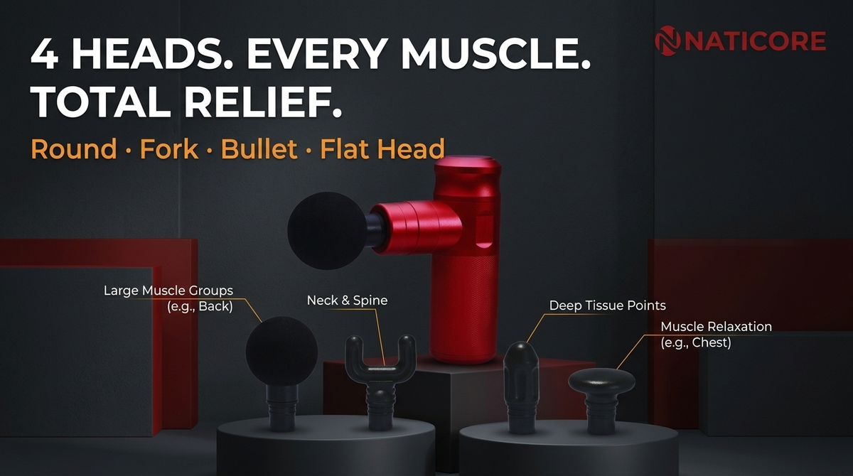 Mini Massage Gun Deep Tissue Percussion 4 Heads | NATICORE