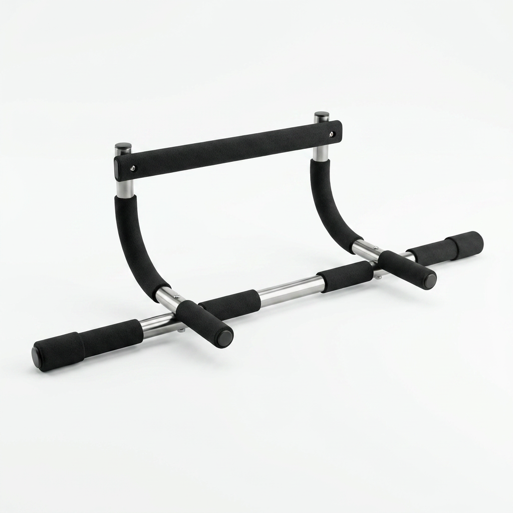 A black and silver pull-up bar frame with foam handles, shown on a clean white background.