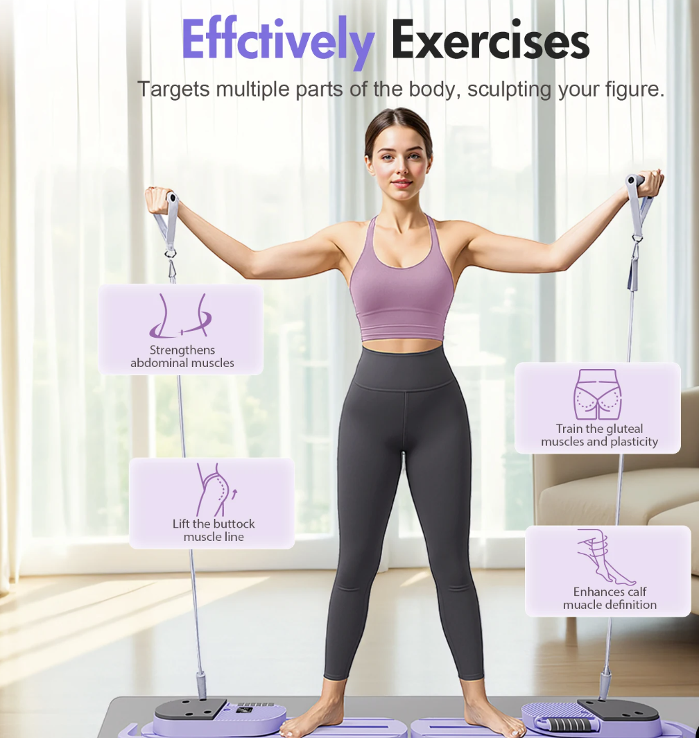Woman exercising with a fitness device in a bright room