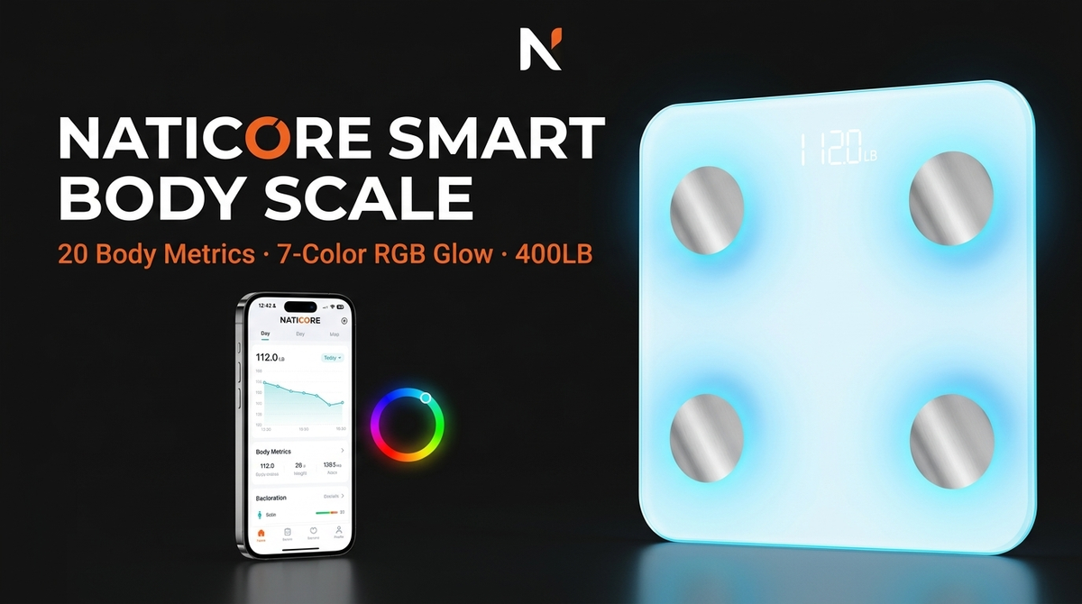 NATICORE Smart Body Scale – 20 Metrics, RGB Glow, Bluetooth & 400LB