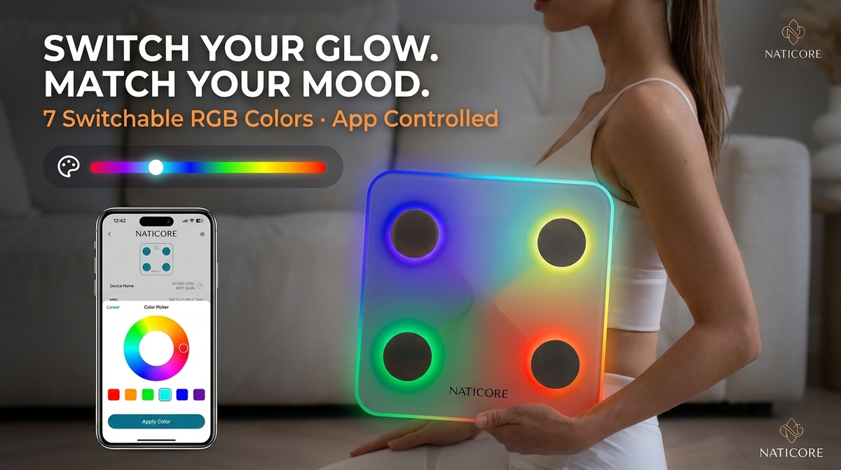 NATICORE Smart Body Scale – 20 Metrics, RGB Glow, Bluetooth & 400LB
