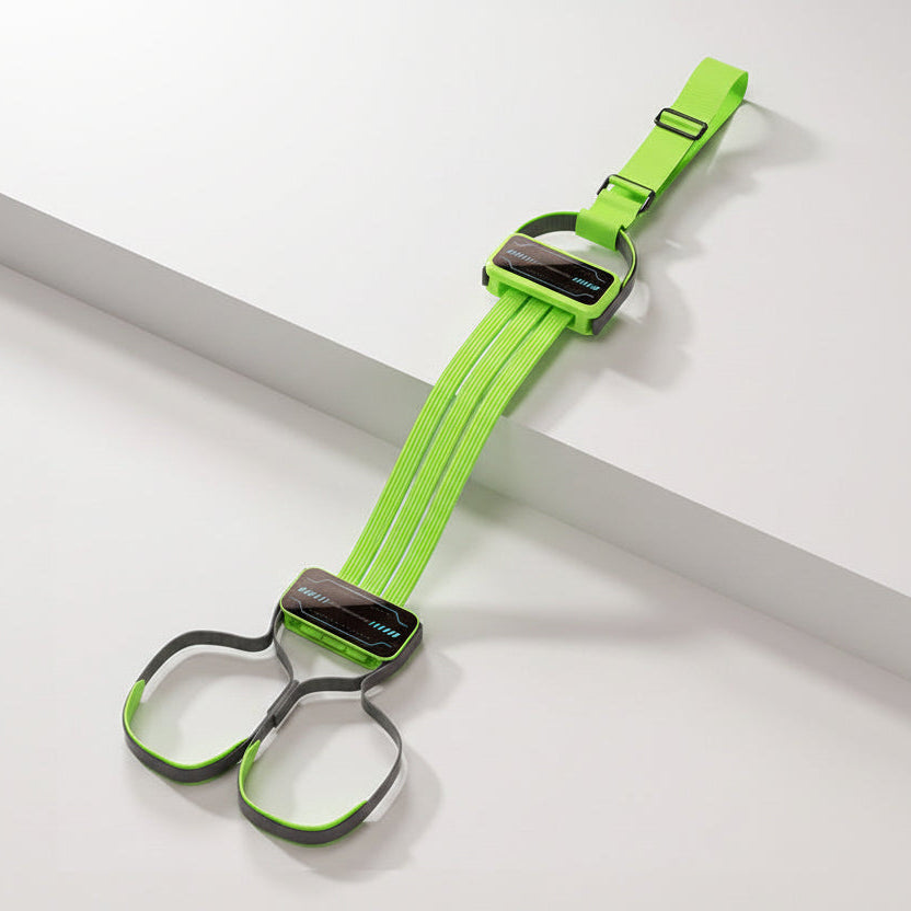 Green resistance band with black handles on a white background