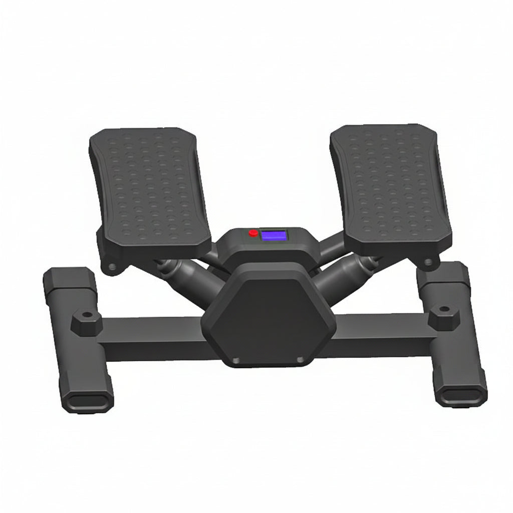 Black exercise machine with digital display on a white background