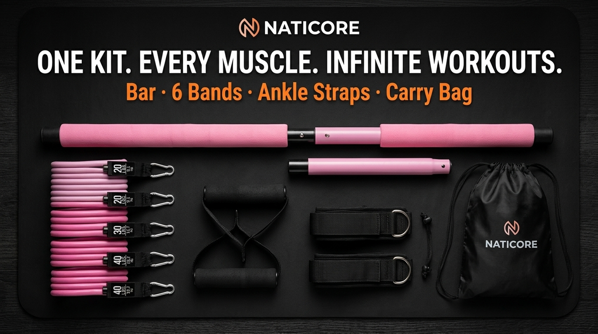 Pilates Bar Resistance Band Kit 180LB Full Body Gym | NATICORE