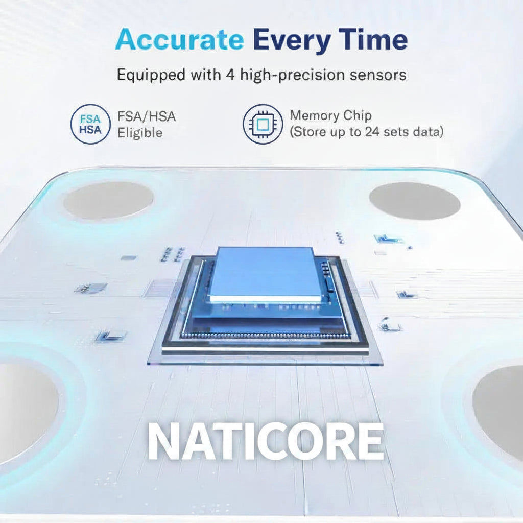 A promotional graphic for a sensor-equipped electronic module, showing a central blue and gray processor chip on a white circuit-board-style base with glowing blue circular accents. Text at the top reads 'Accurate Every Time' and mentions four high-precision sensors, FSA/HSA eligibility, and a memory chip storing up to 24 sets of data.