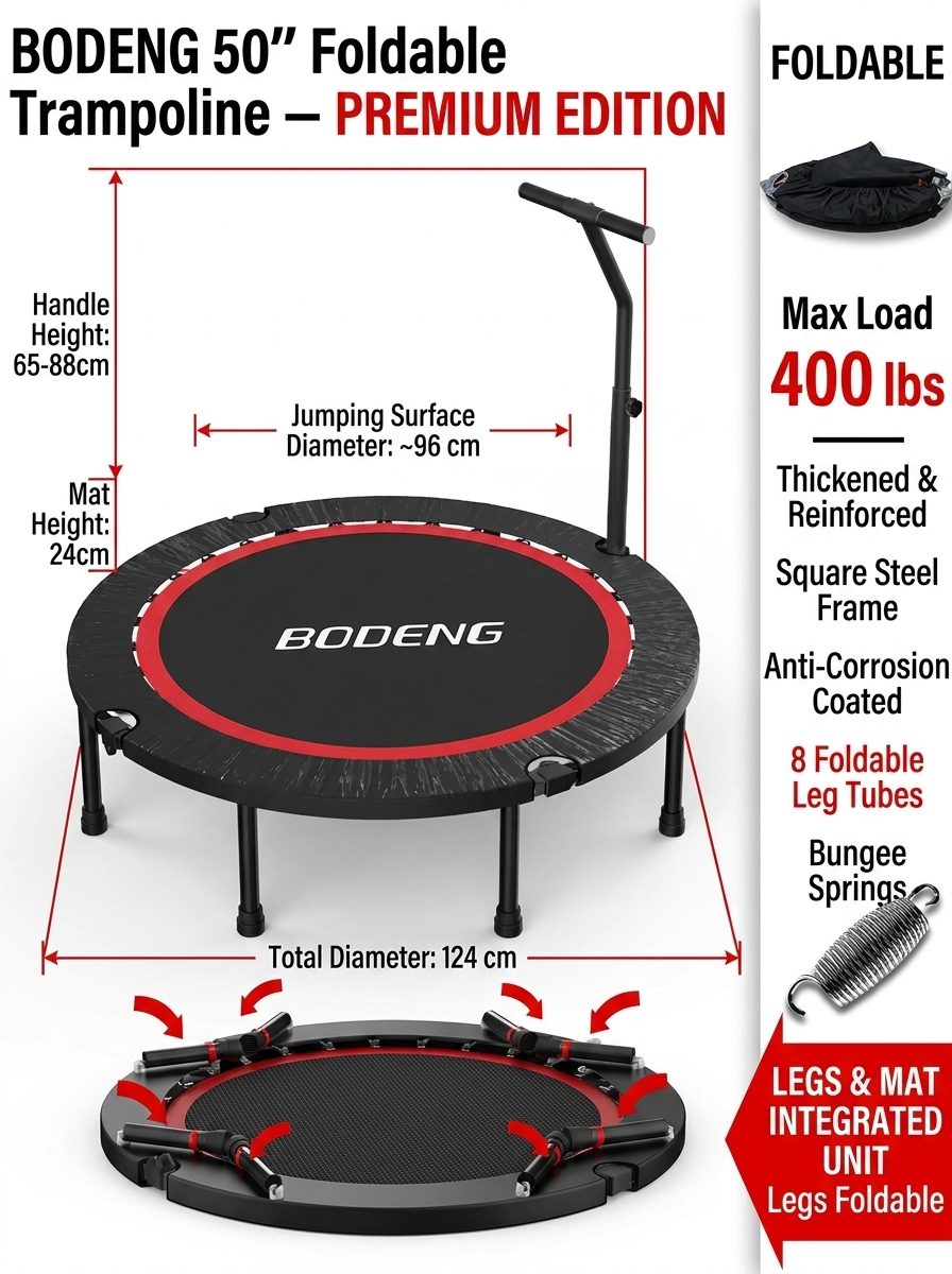 BODENG 50" Foldable Trampoline with specifications and features on a white background