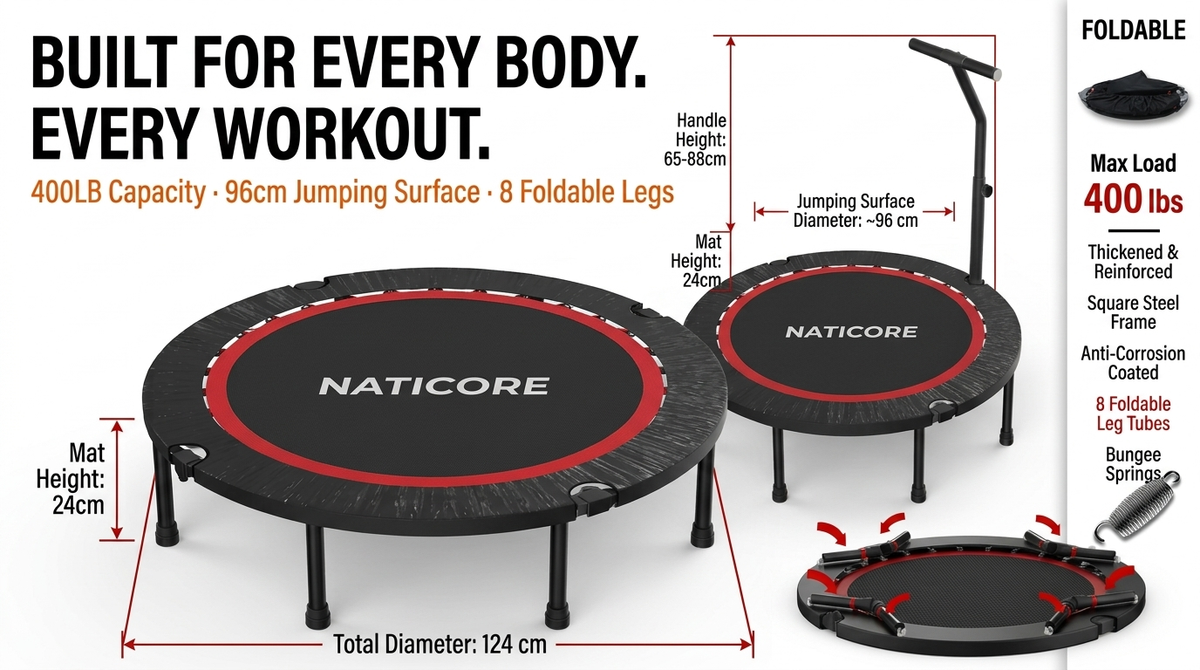 Foldable Fitness Trampoline 400LB Adjustable Handle | NATICORE