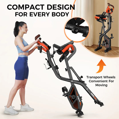 NATICORE 4-in-1 Foldable Exercise Bike – 8-Level Resistance, Arm Bands, Pulse Sensor & Back Support for Home Gym