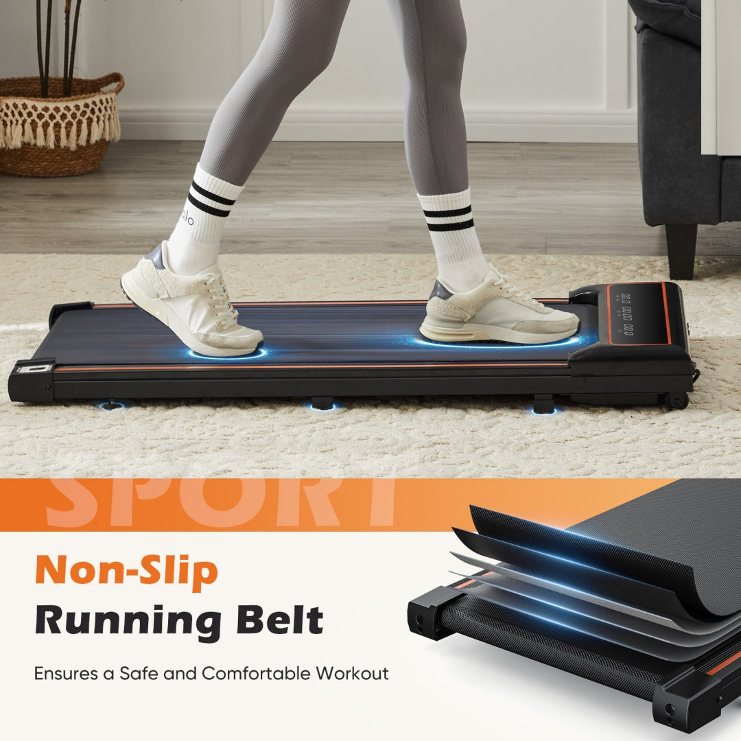 Woman walking on NATICORE compact walking pad in modern home fitness lifestyle
