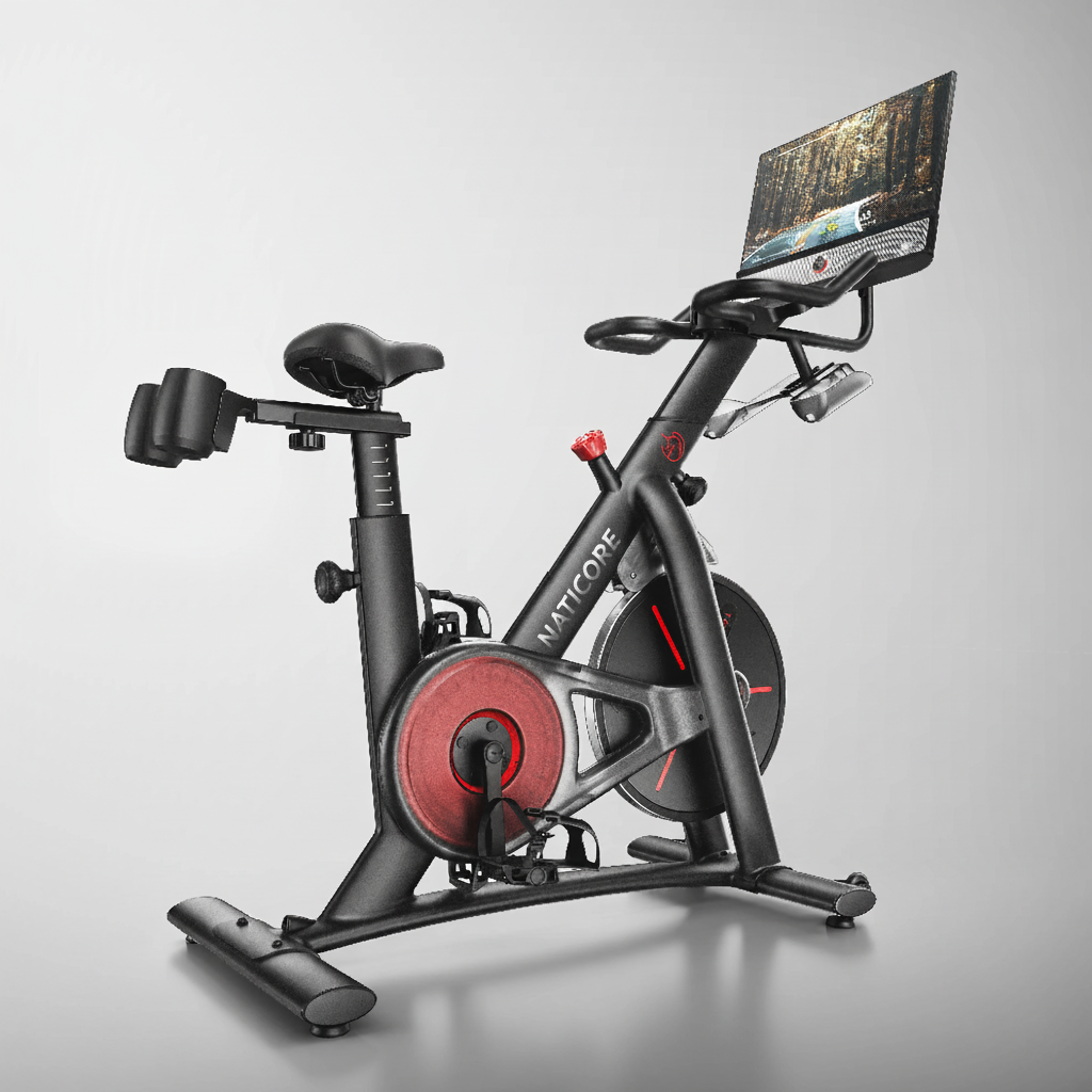 Stationary bike with a laptop attached on a gray background