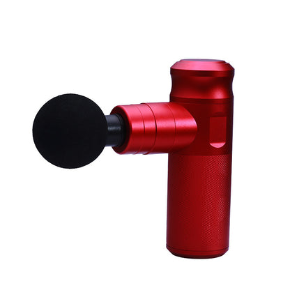 Red massage gun with black head on a white background