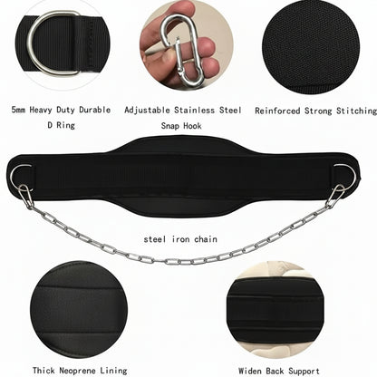 Weight Lifting Dip Belt Neoprene Back Gym Belt with Chain for Fitness Bodybuilding Pull up Strength Training Load Waist Strap