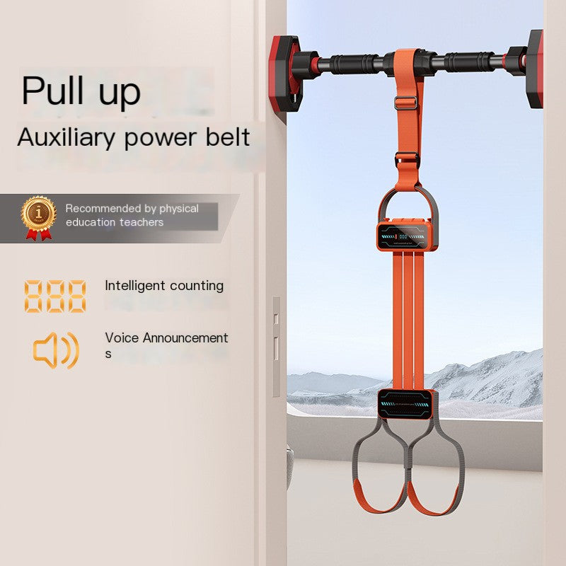 Orange pull-up power belt with digital display and text on a white background