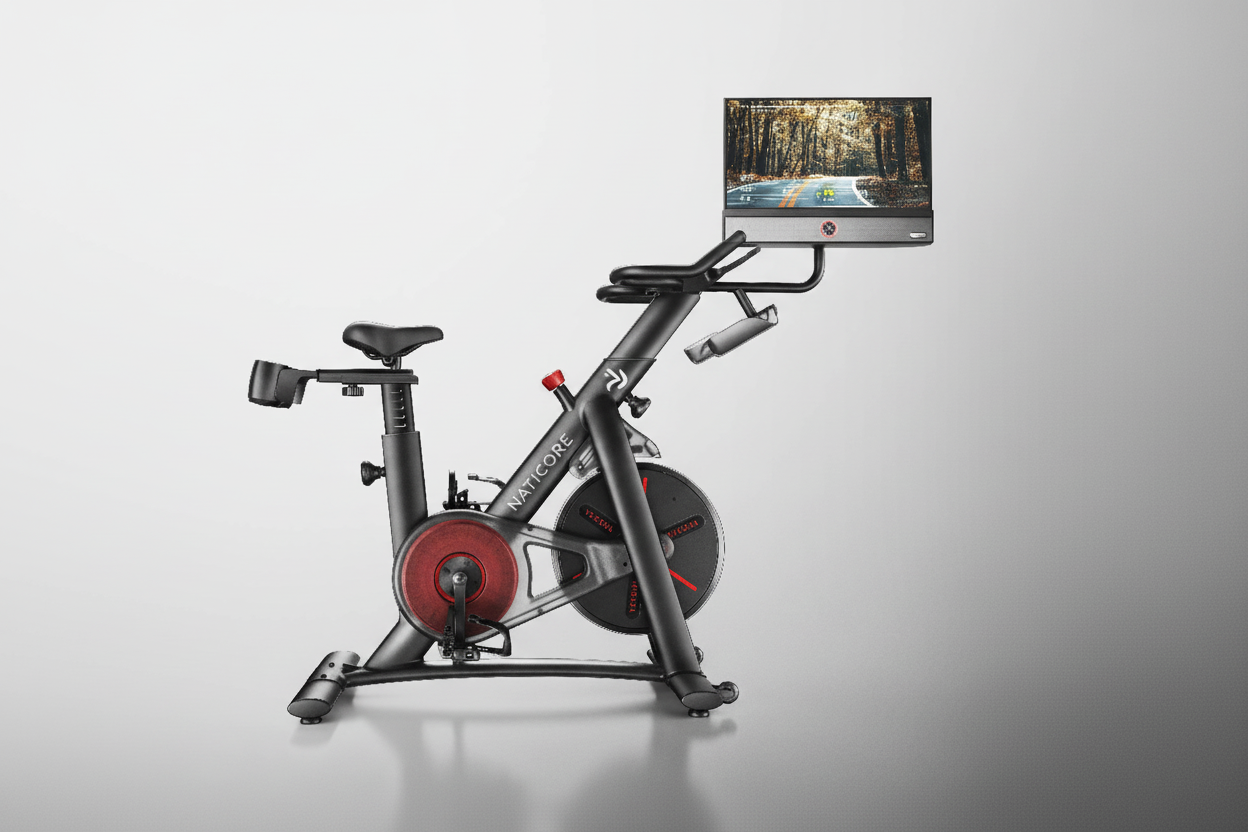 Spin bike with a screen displaying a scenic view on a gray background