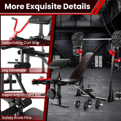 Adjustable Weight Bench 900LBS Olympic Weight Bench Set with Squat Rack, Preacher Curl, Leg Extension Full Body Exercise Workout Bench Press for Home Gym