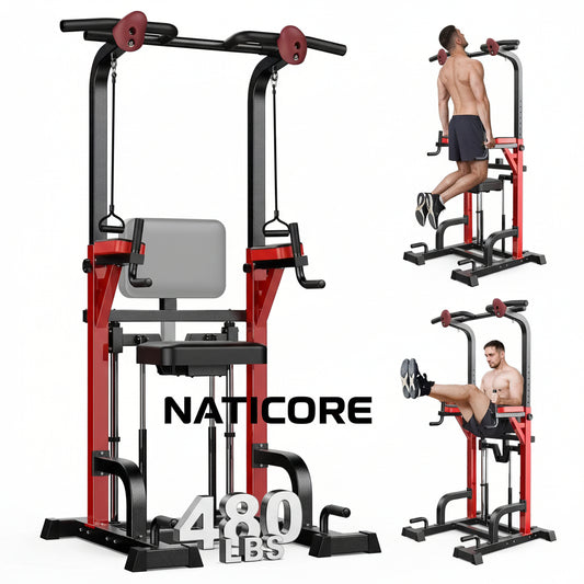 NATICORE Power Tower Pull Up Bar Dip Station – 480LB Capacity, Adjustable Height, Home Gym Strength Training Equipment