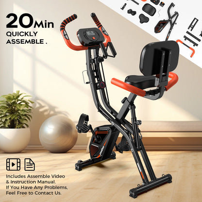 NATICORE 4-in-1 Foldable Exercise Bike – 8-Level Resistance, Arm Bands, Pulse Sensor & Back Support for Home Gym