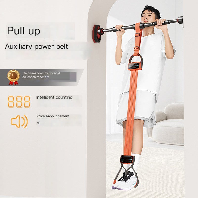 Person using a pull-up辅助 power belt with text on a white background