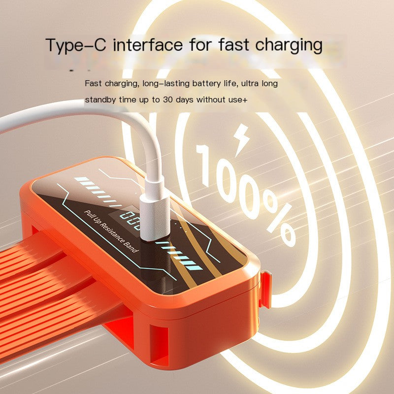 Orange electronic device with a Type-C interface for fast charging, showing 100% charge on a light background.