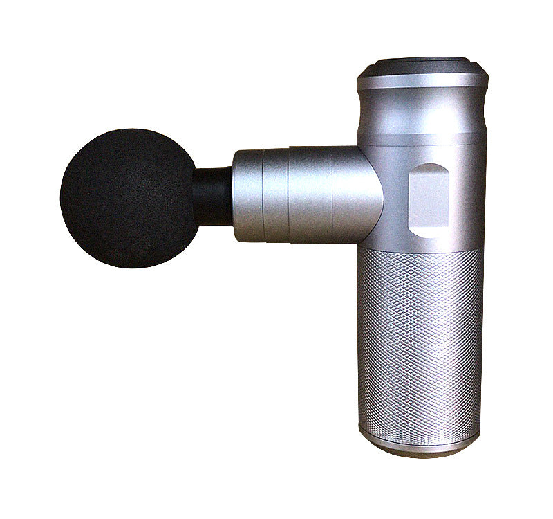 Handheld massage gun with a black head on a white background