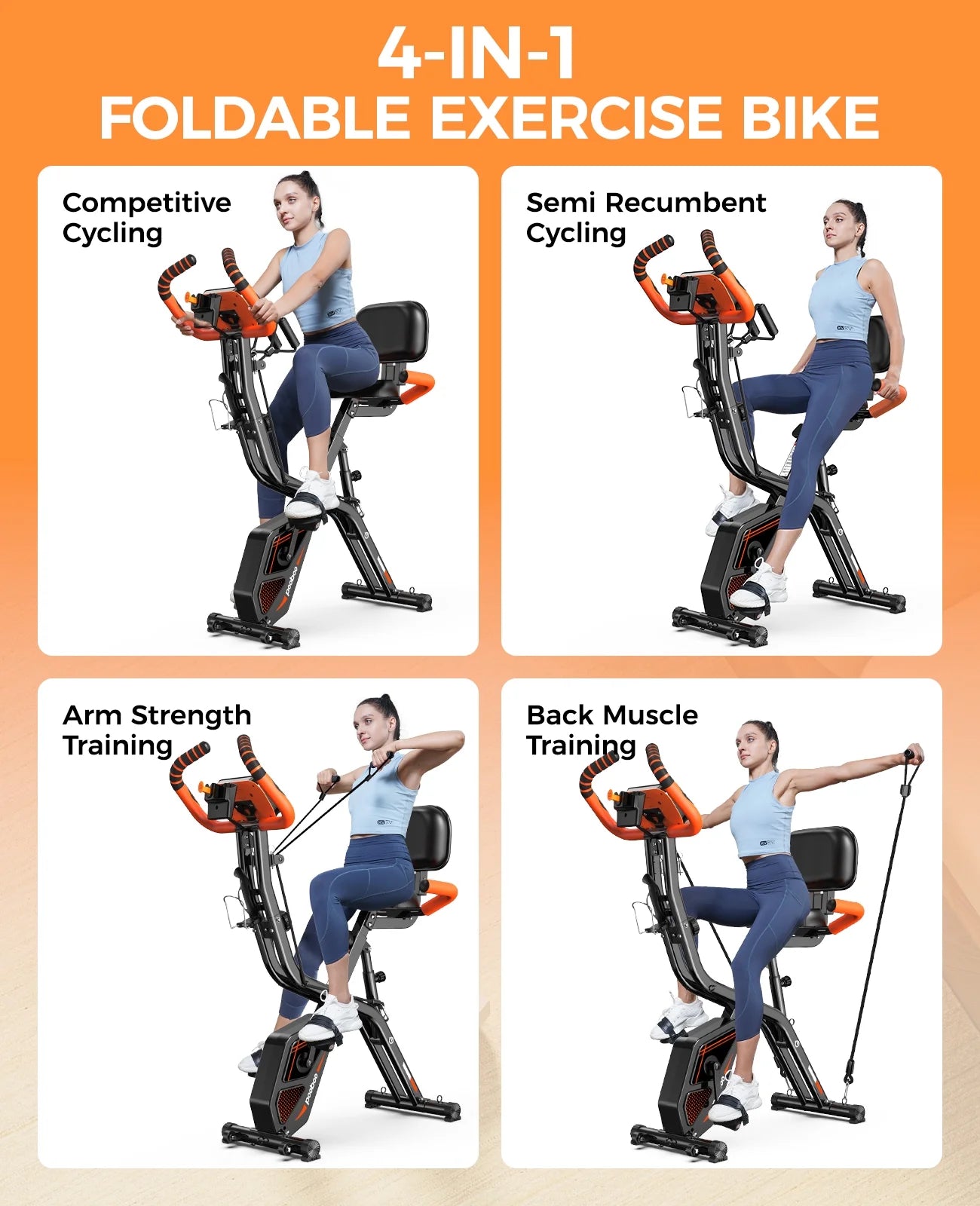 NATICORE 4-in-1 Foldable Exercise Bike – 8-Level Resistance, Arm Bands, Pulse Sensor & Back Support for Home Gym
