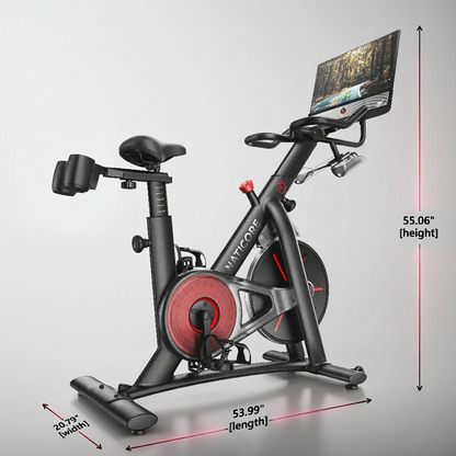 NATICORE exercise bike with dimensions labeled on a gray background