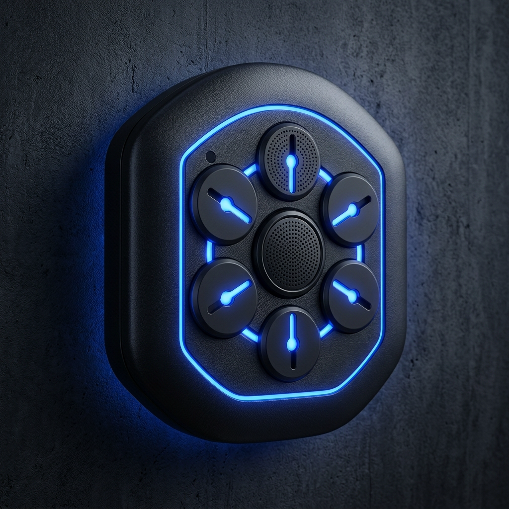 Electronic keypad lock with blue lights on a dark background
