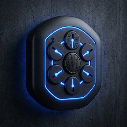 Electronic keypad lock with blue lights on a dark background