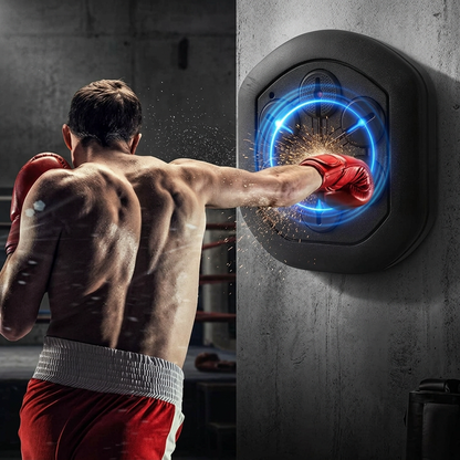 Boxer in red boxing gloves punching a digital punching bag.