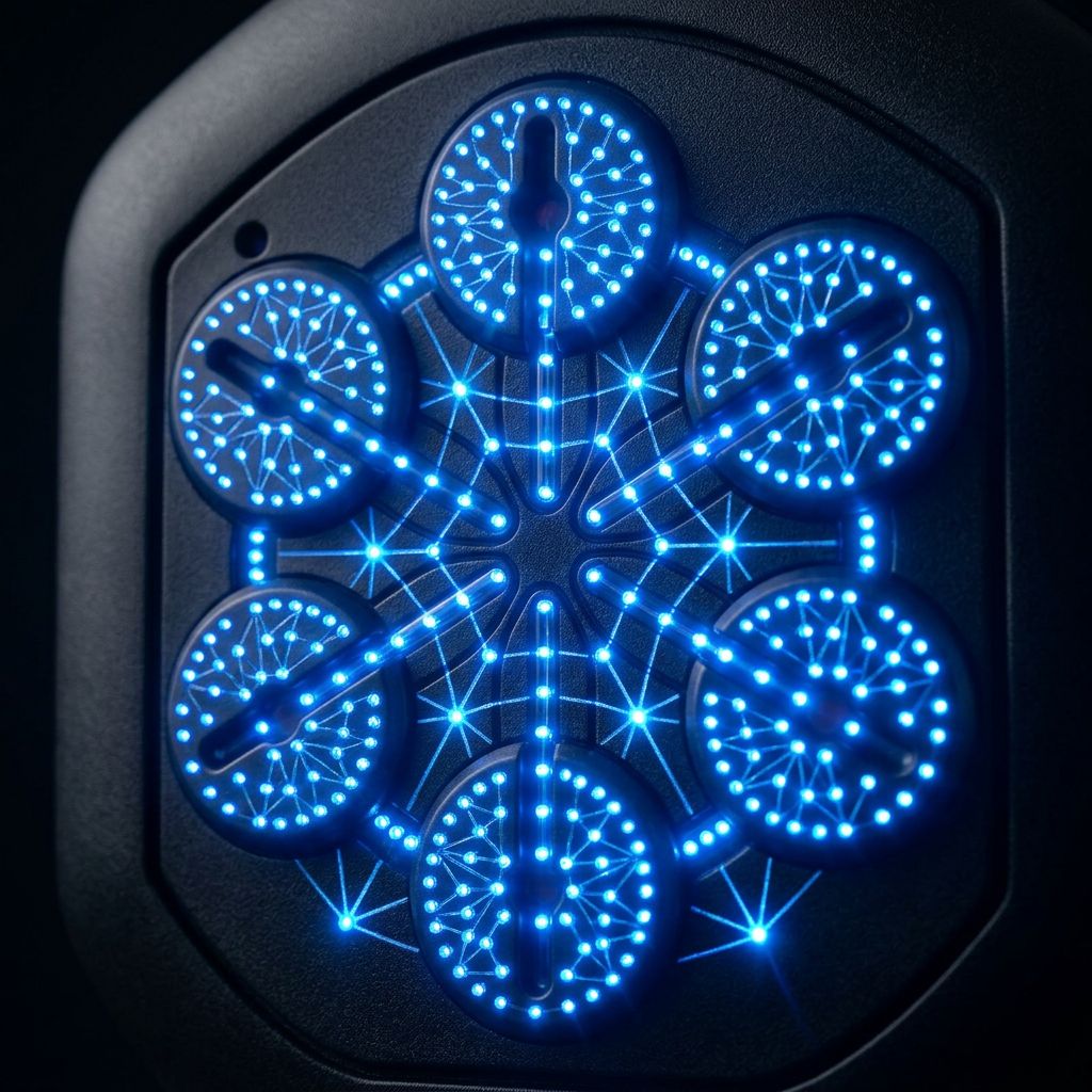 Blue LED snowflake design on a dark background