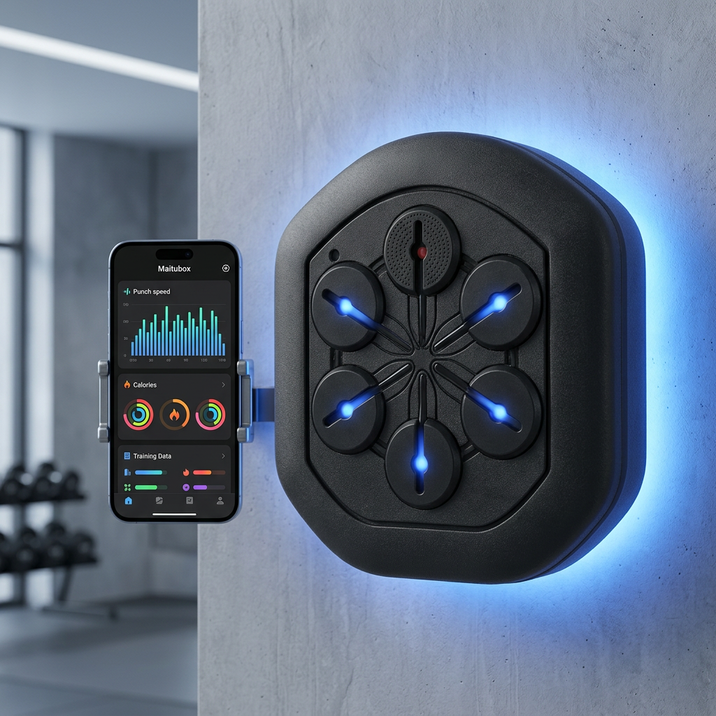 Black electronic device with blue lights on a concrete wall, next to a smartphone displaying app interface.