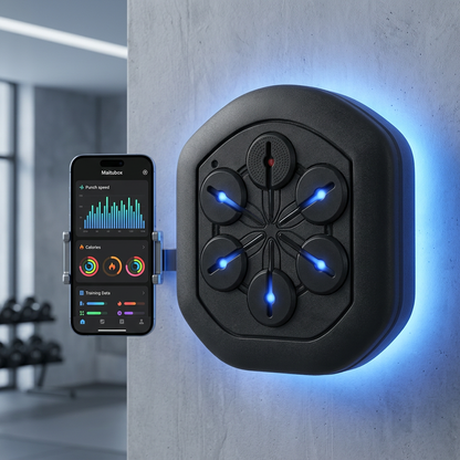 Black electronic device with blue lights on a concrete wall, next to a smartphone displaying app interface.