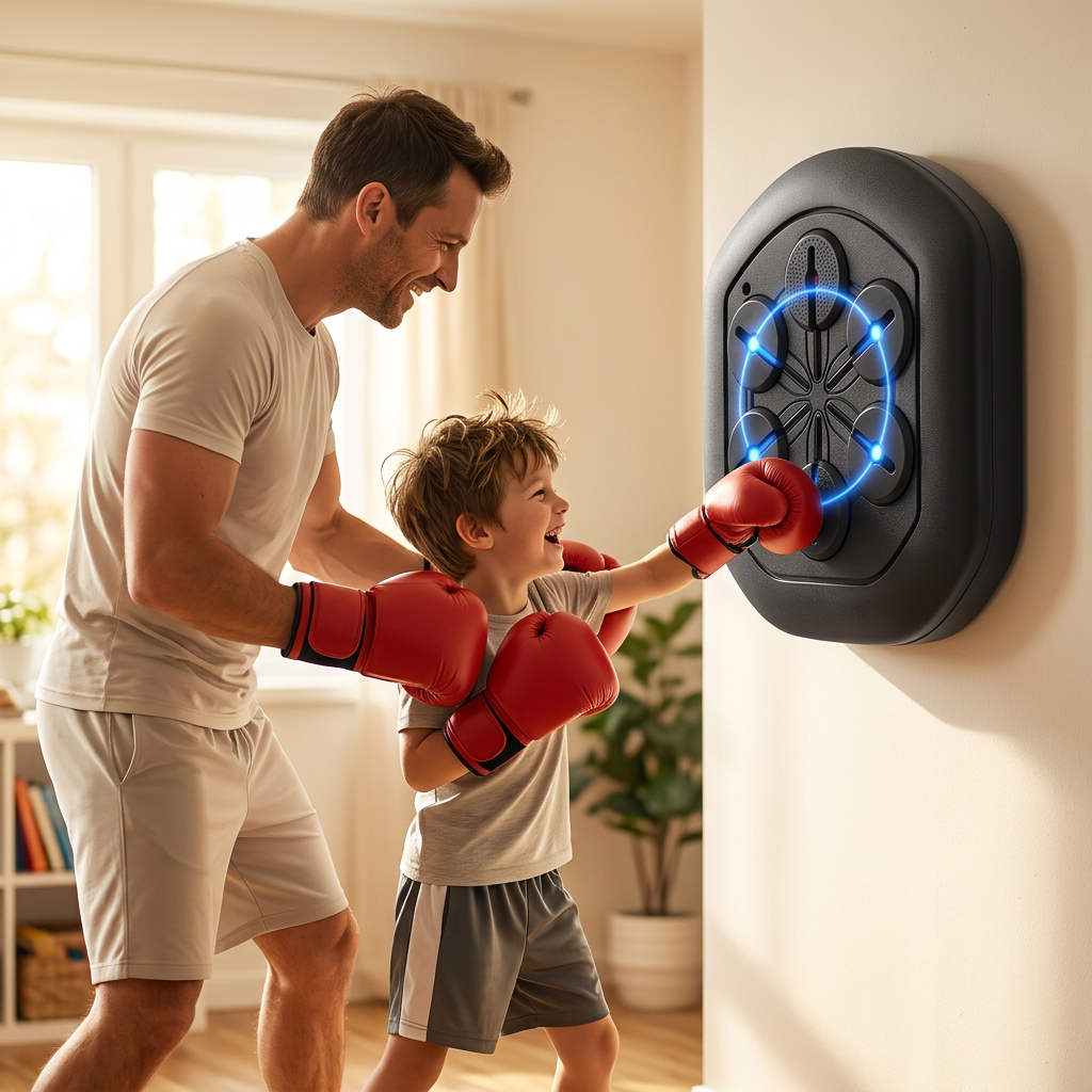 Man and child in boxing gloves interacting with a wall-mounted device in a home setting