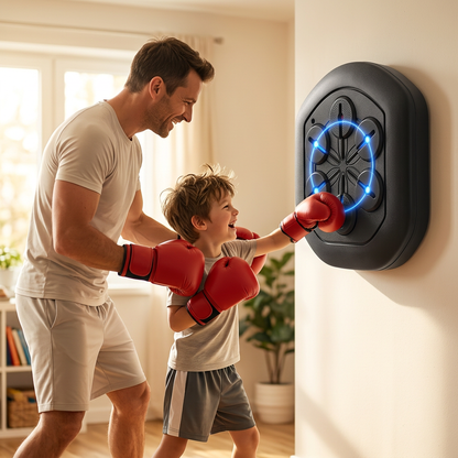 Man and child in boxing gloves interacting with a wall-mounted device in a home setting