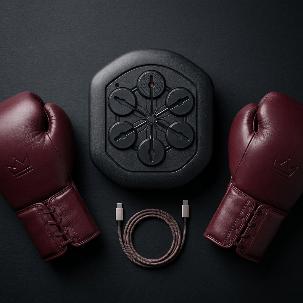 Black electronic device with a cable and red boxing gloves on a dark background