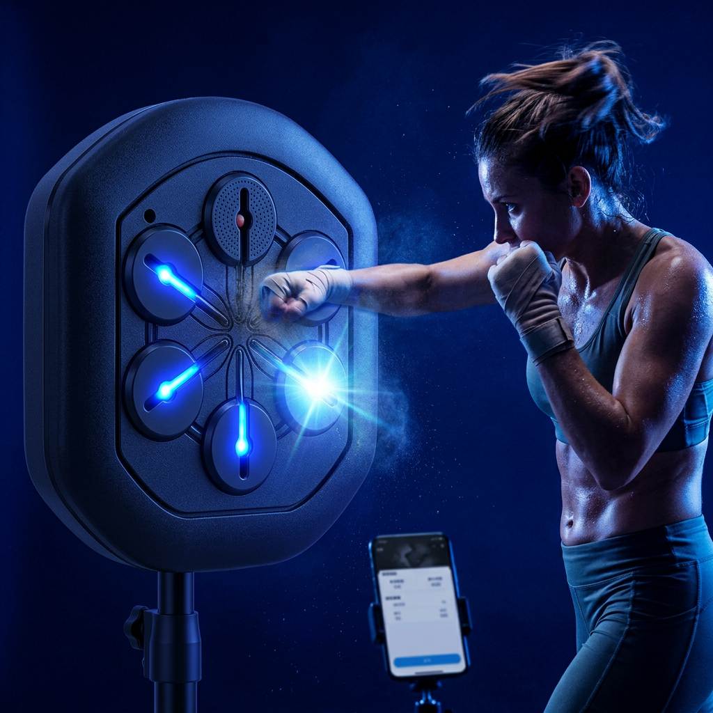 Woman punching a boxing Reflex trainer with a smartphone displaying a training app on a dark background