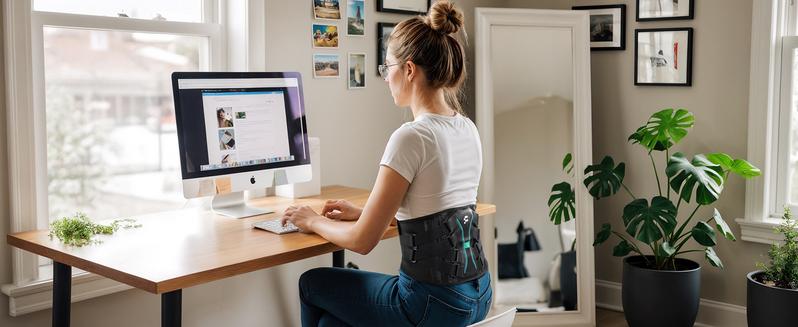 Person using a computer at a desk with a plant and mirror in the background