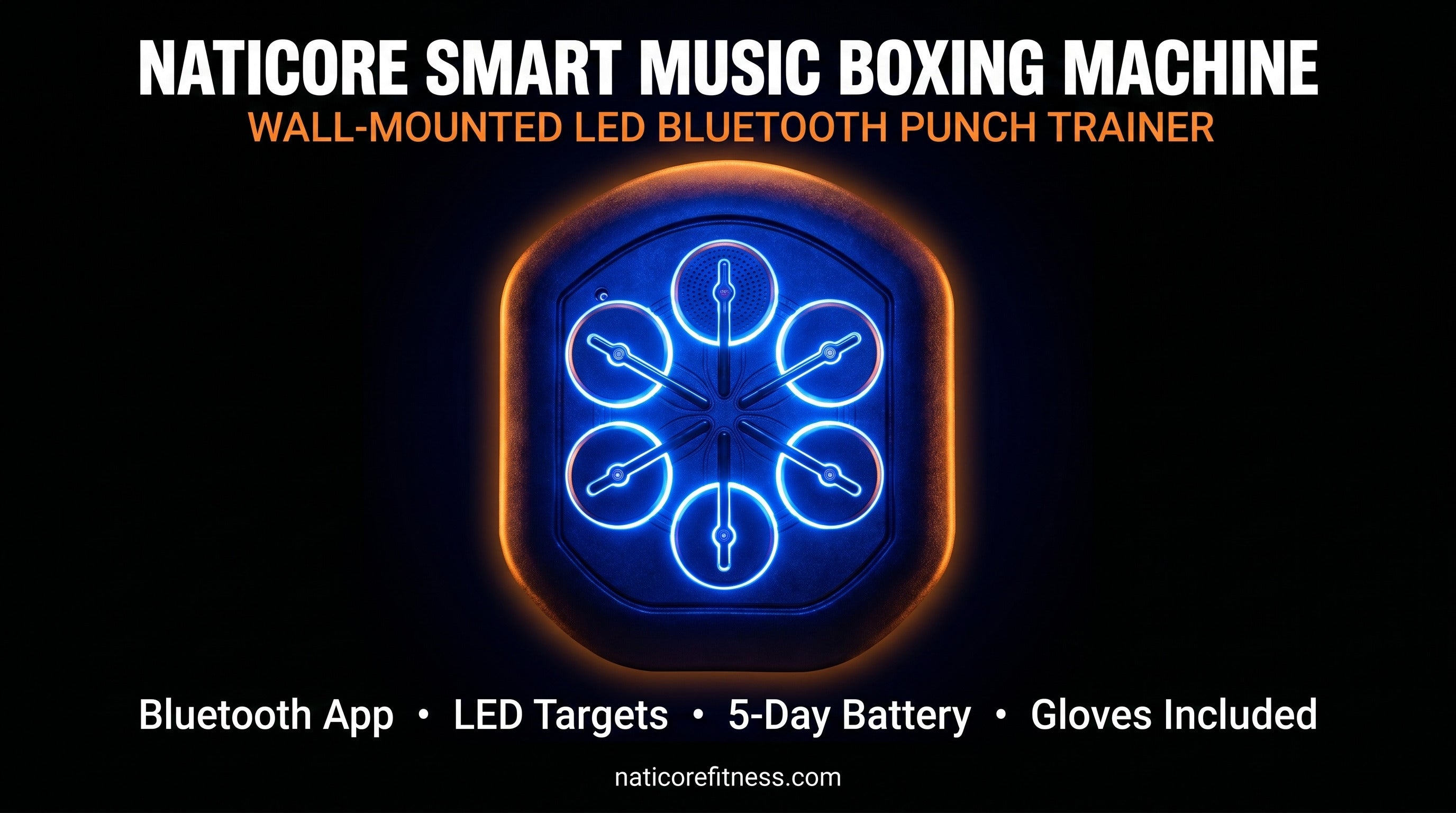 Naticore smart music boxing machine with LED display on a black background