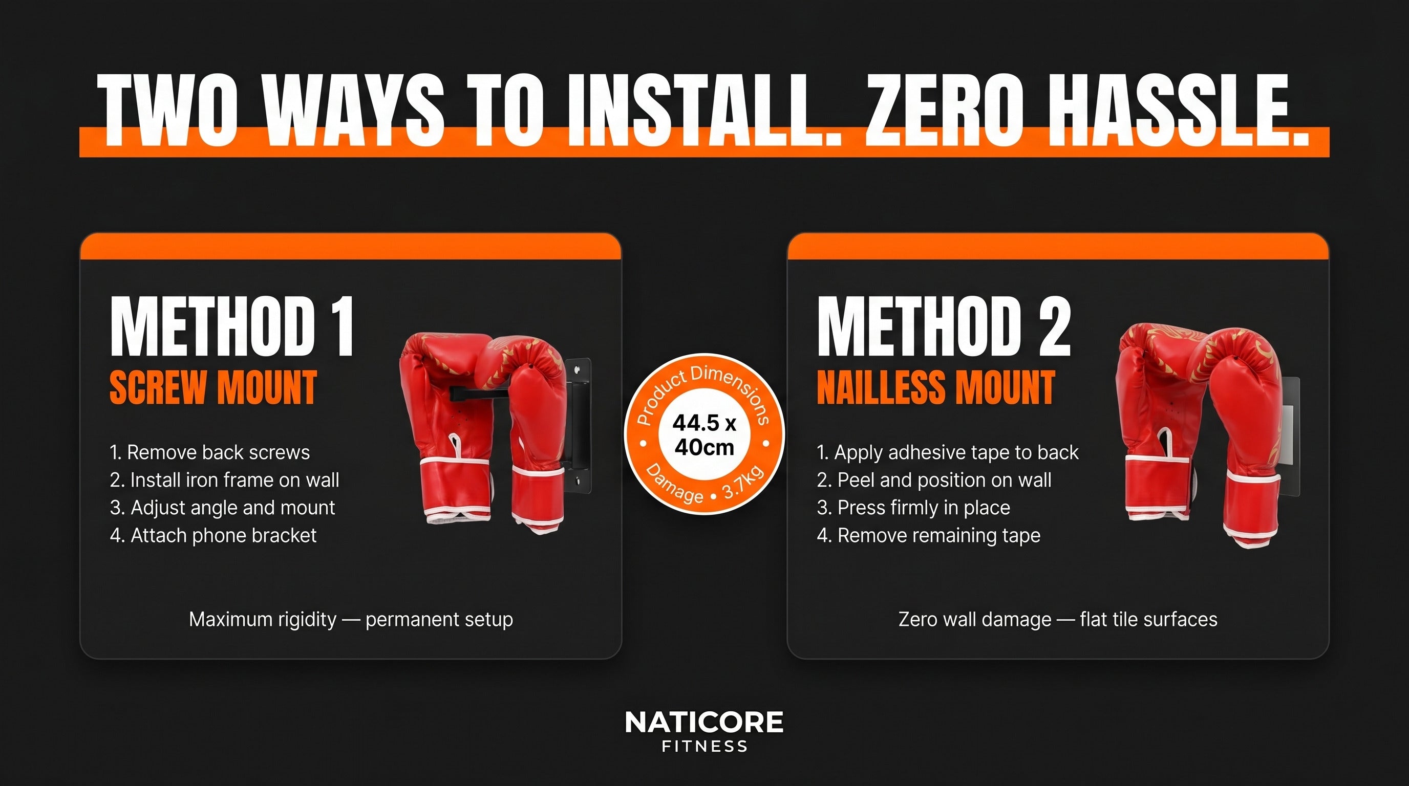Naticore fitness equipment installation guide with two methods on a black background