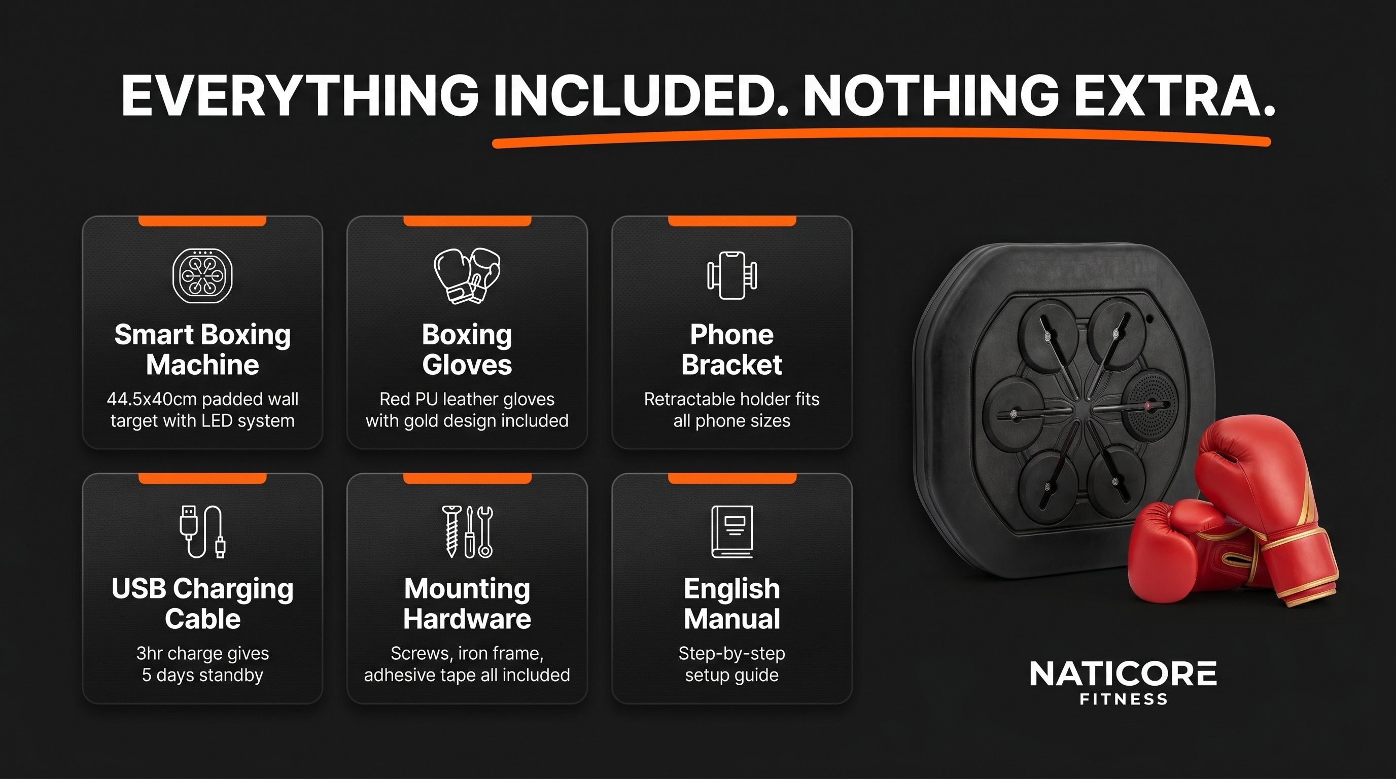 Naticore Fitness product set with smart boxing machine, gloves, phone bracket, and charging cable on a black background.