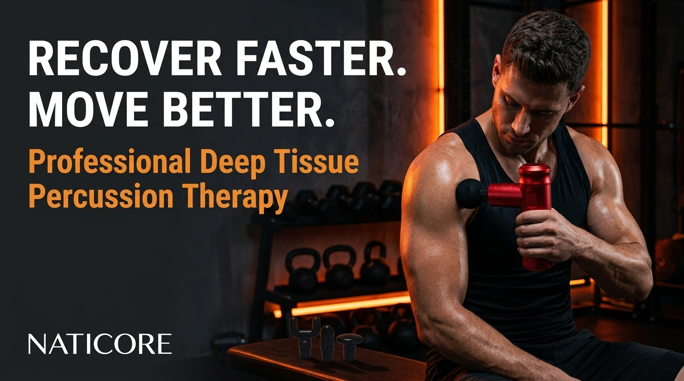 Person using a deep tissue percussion therapy device with text about recovery and movement benefits.