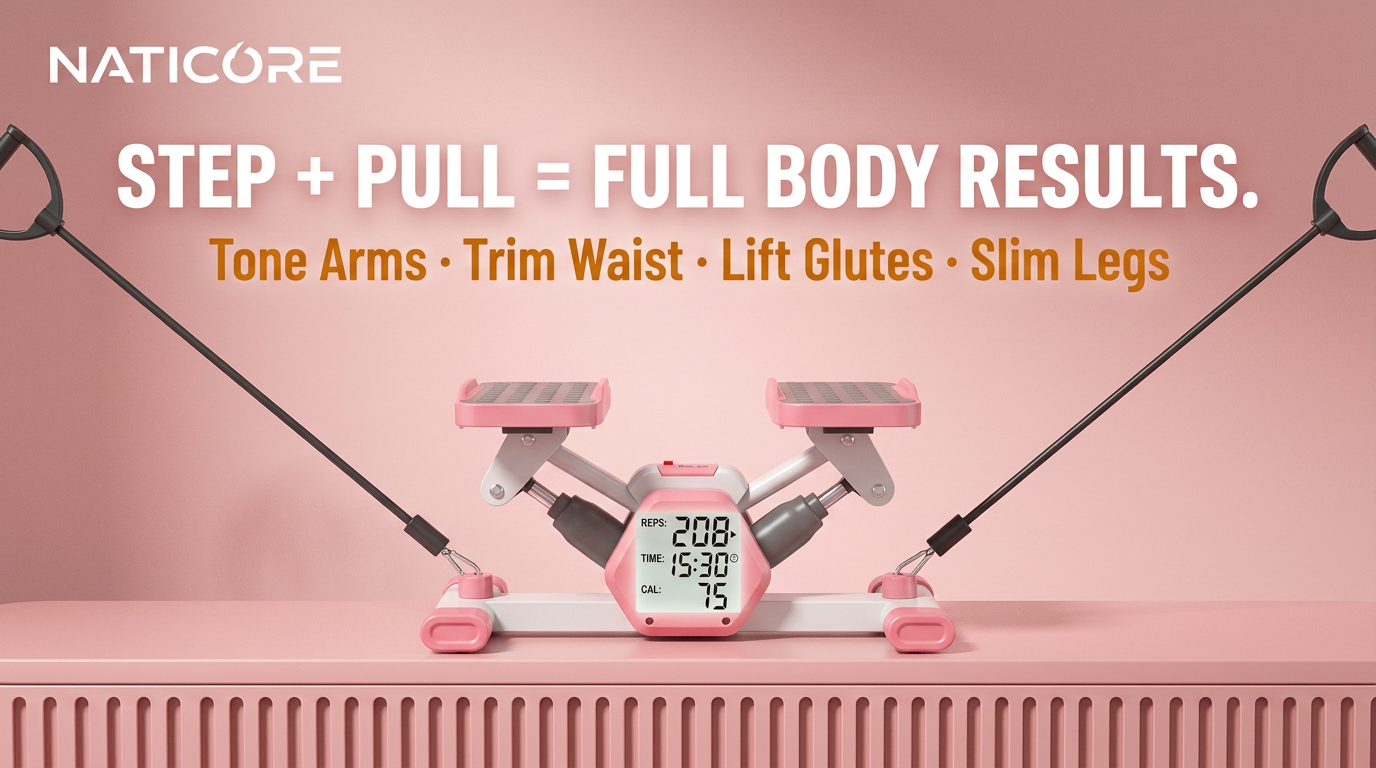 Pink stepper with digital display on a pink background, featuring Naticore branding.