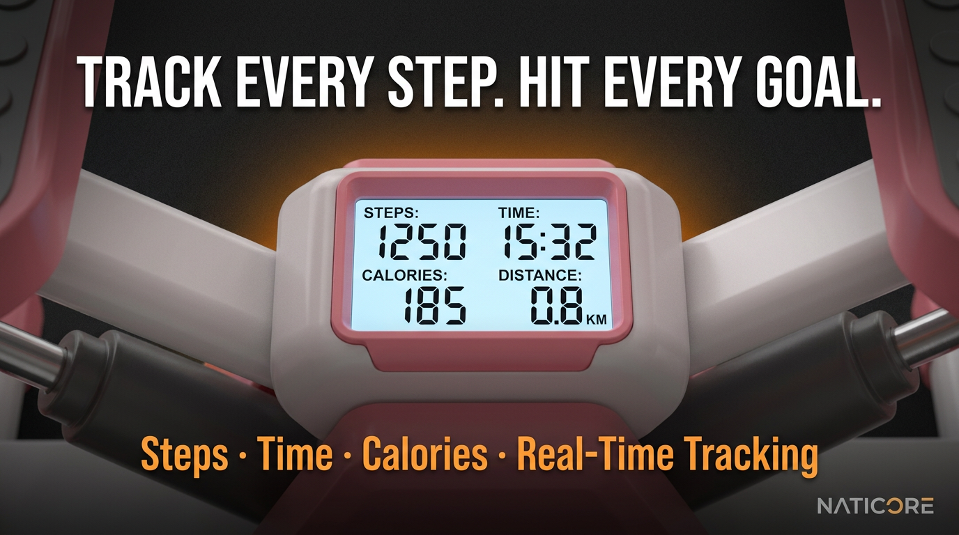 Digital fitness tracker on a bike handlebar with tracking information displayed, branded as Naticore.