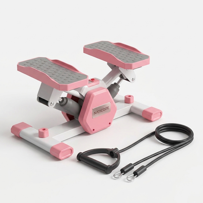 Pink and gray step machine with resistance bands on a white background
