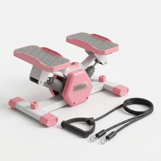 Pink and gray step machine with resistance bands on a white background