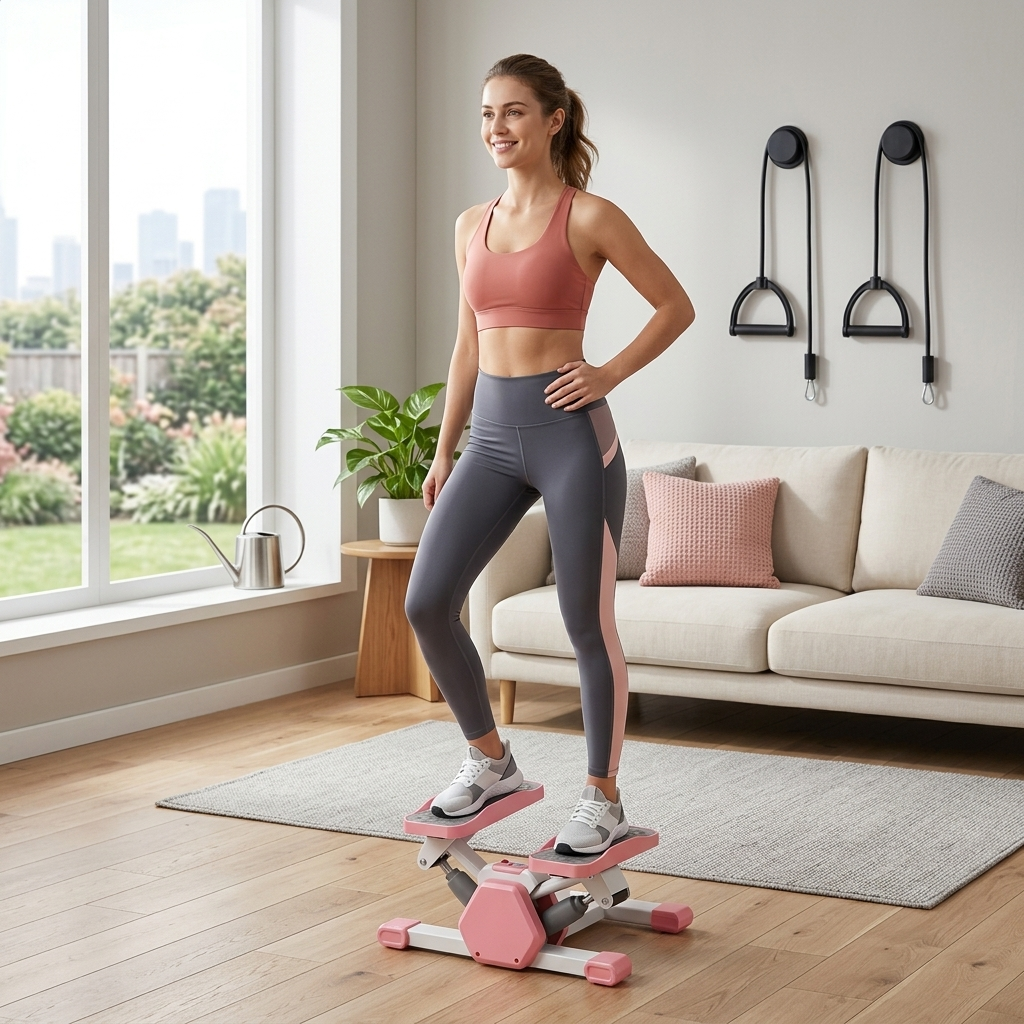Woman exercising on a pink step machine in a living room.