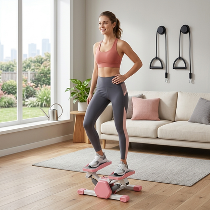 Woman exercising on a pink step machine in a living room.