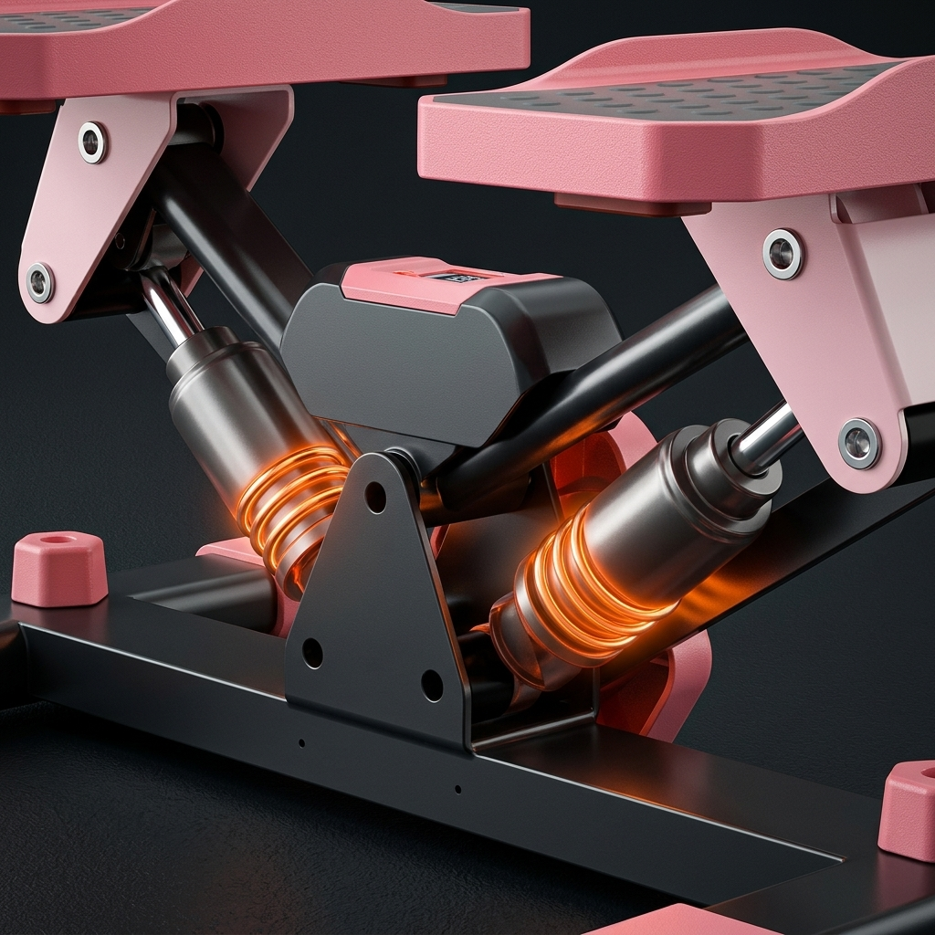 Close-up of a mechanical device with pink and black components on a dark background