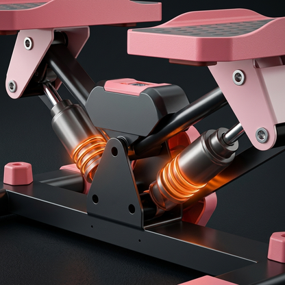 Close-up of a mechanical device with pink and black components on a dark background