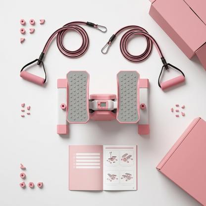 Pink and gray step machine with resistance bands and a manual on a white background